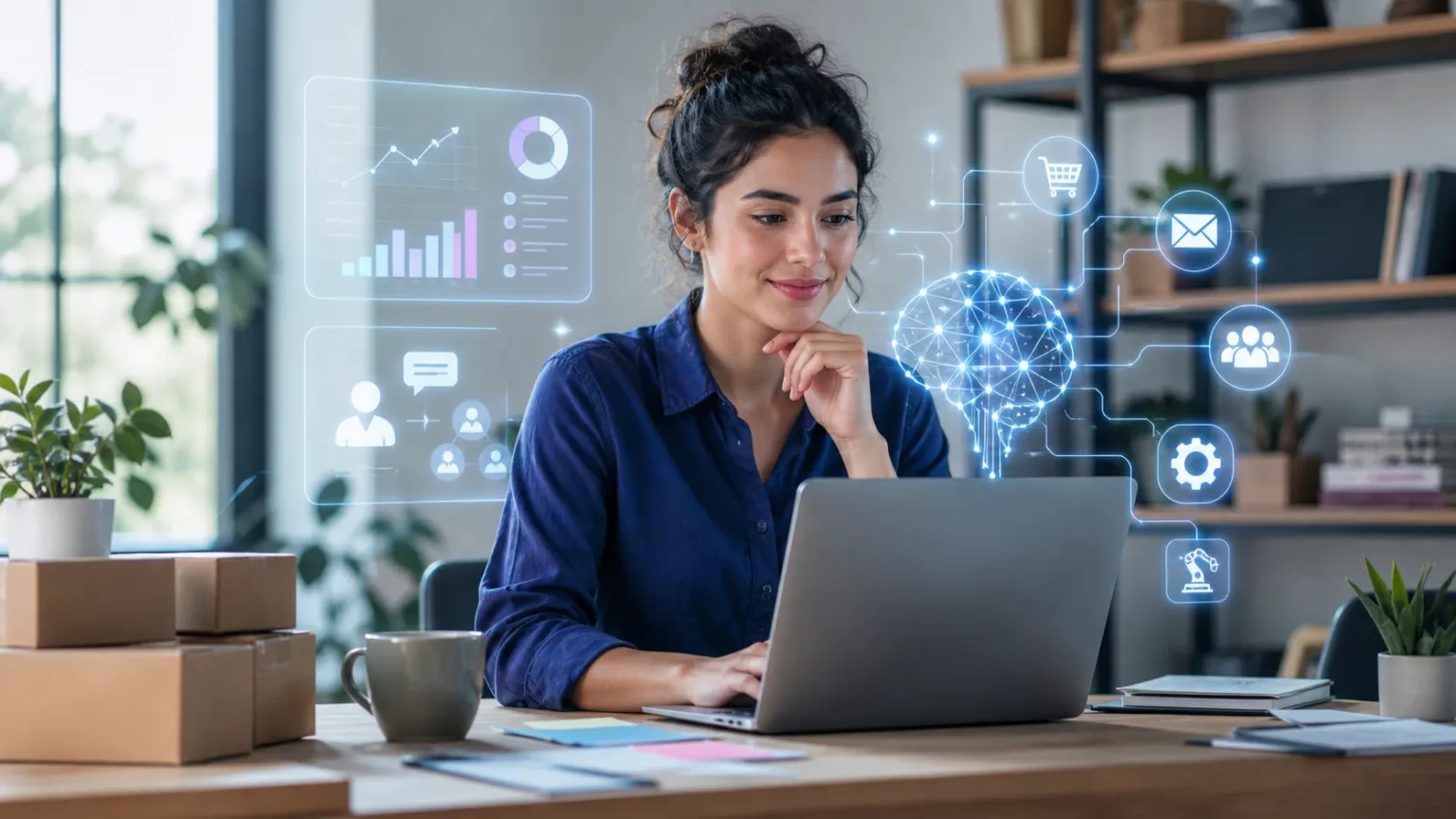Een ondernemer gebruikt slimme AI-tools om bedrijfsprocessen, klantcontact en groei efficiënter te maken.