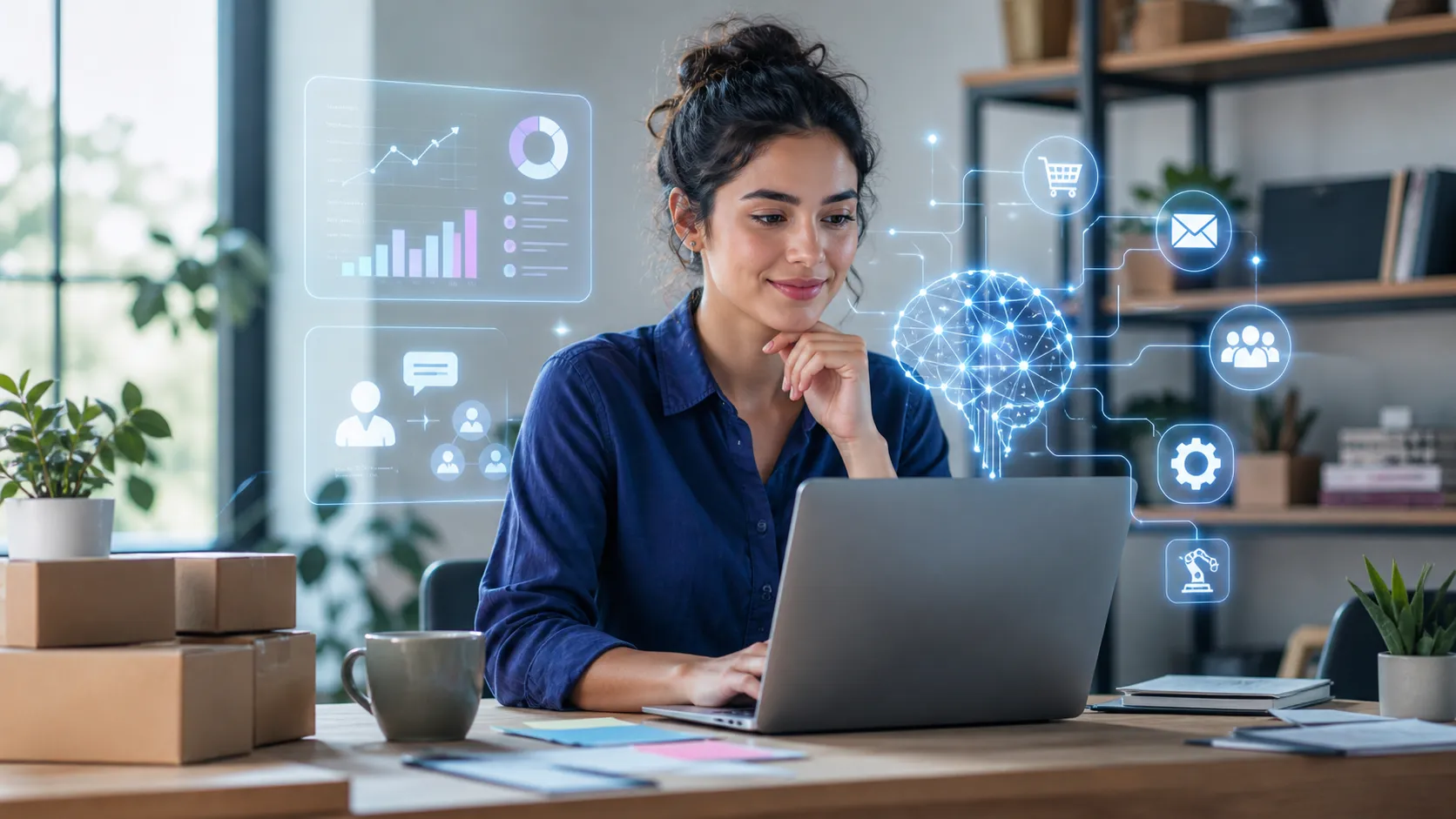 Een ondernemer gebruikt slimme AI-tools om bedrijfsprocessen, klantcontact en groei efficiënter te maken.