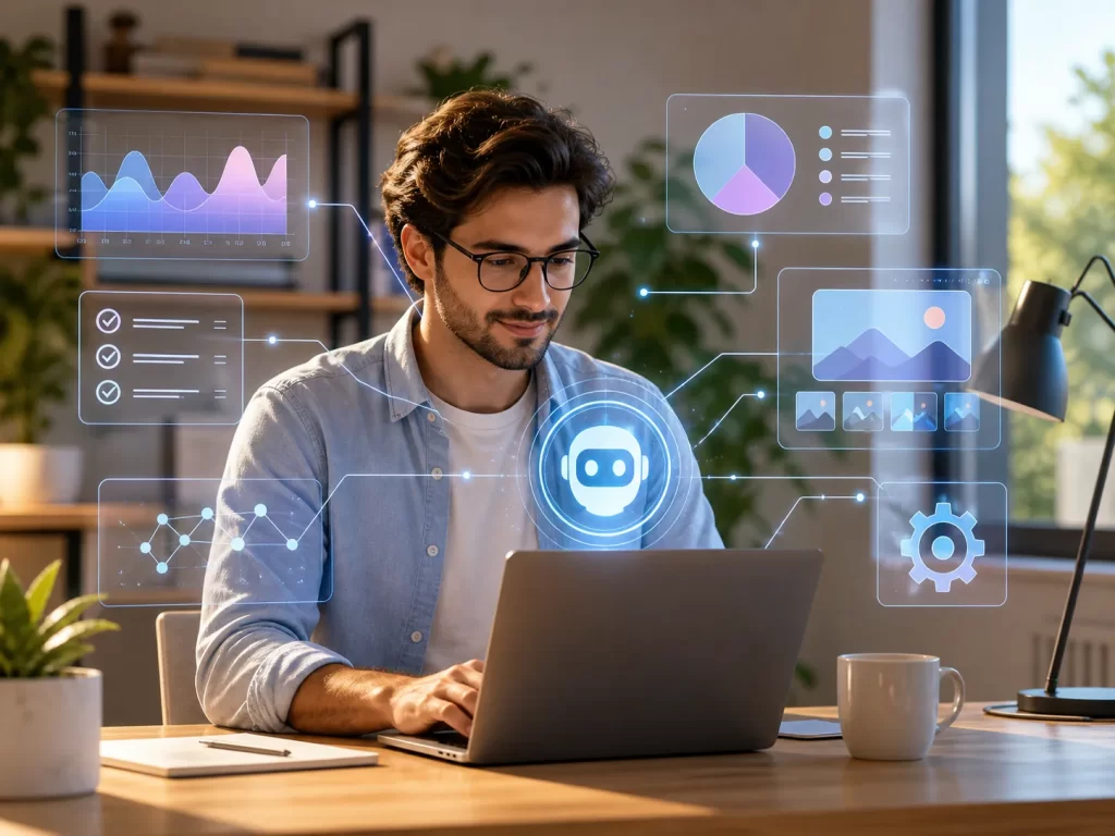 Een zzp’er werkt slimmer met AI-tools vanuit een moderne thuiswerkplek.