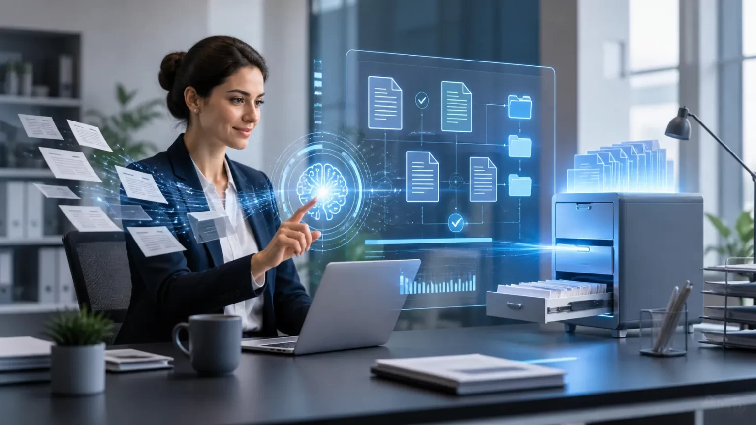 Een moderne werkplek waar AI documenten automatiseert, ordent en administratief werk eenvoudiger maakt.