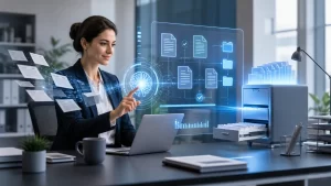 Een moderne werkplek waar AI documenten automatiseert, ordent en administratief werk eenvoudiger maakt.