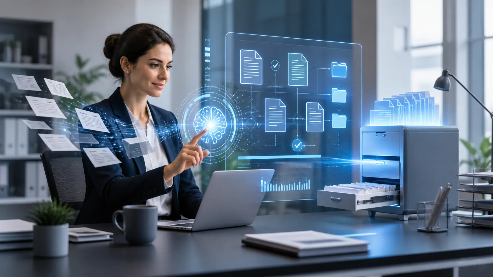 Een moderne werkplek waar AI documenten automatiseert, ordent en administratief werk eenvoudiger maakt.