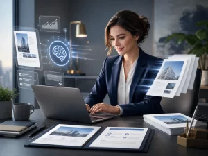Een moderne werkplek waar AI professionele offertes en voorstellen sneller en efficiënter ondersteunt.