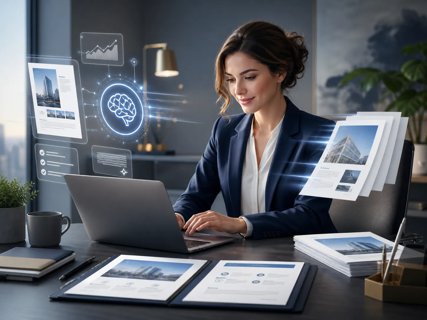 Een moderne werkplek waar AI professionele offertes en voorstellen sneller en efficiënter ondersteunt.
