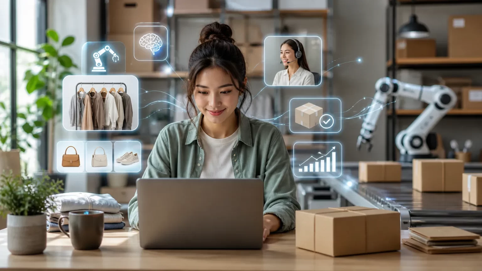 Een moderne webshop-eigenaar gebruikt AI om verkoop, klantenservice en bestellingen efficiënter te automatiseren.
