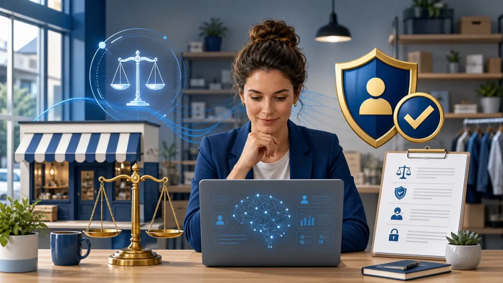 Een moderne ondernemer werkt met AI en compliance, met symbolen voor regelgeving, veiligheid en vertrouwen.