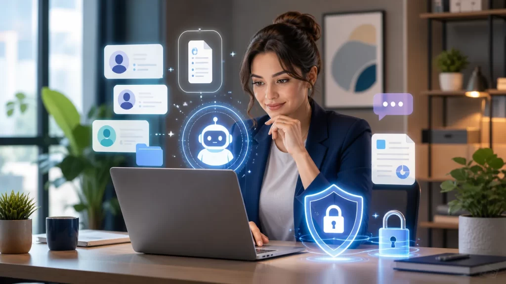 Een ondernemer werkt met AI en digitale klantgegevens, met duidelijke focus op privacy, beveiliging en verantwoord gebruik.