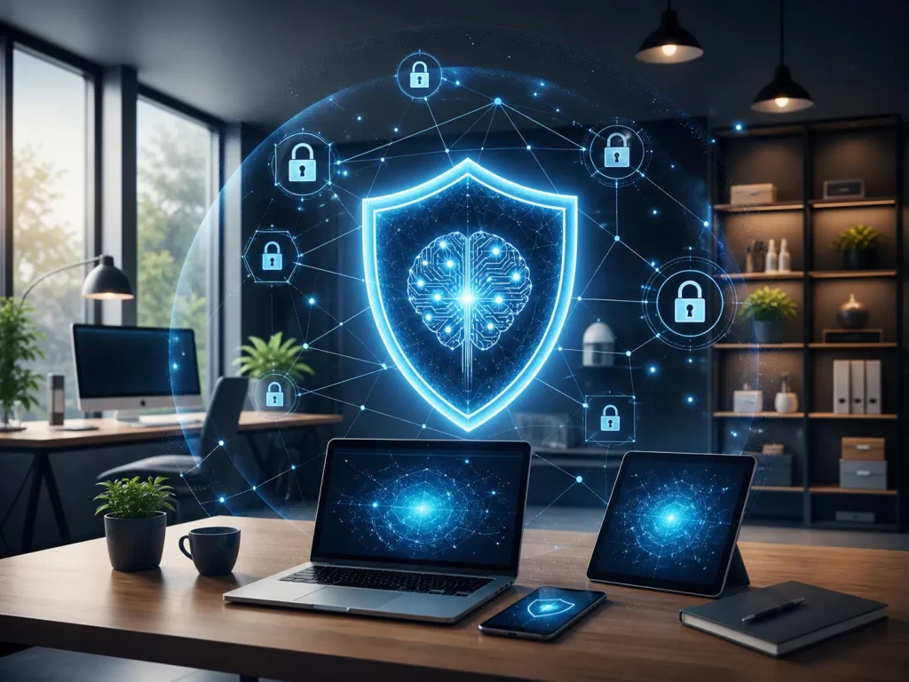 Een moderne werkplek beschermd door slimme AI-cybersecurity tegen digitale risico’s.